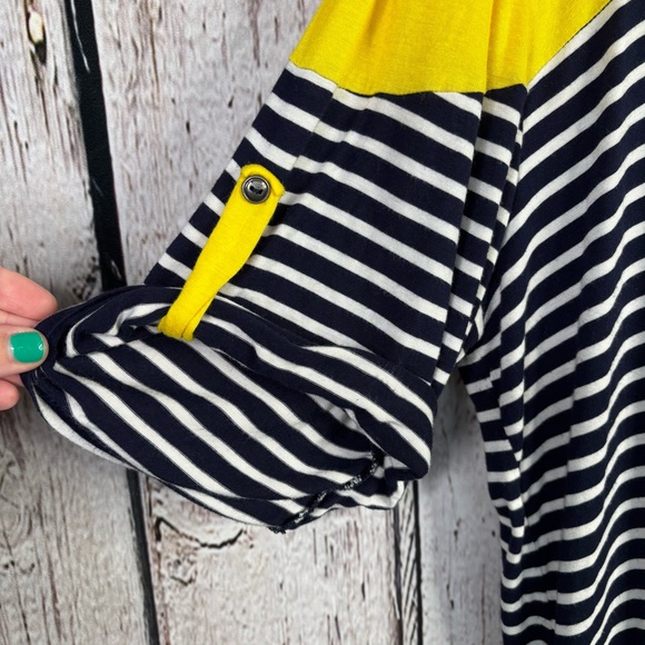 Fig & Olive Plus Size 3X Roll Tab Sleeve Top Navy Blue White Stripe Yellow Shirt - Picture 2 of 13